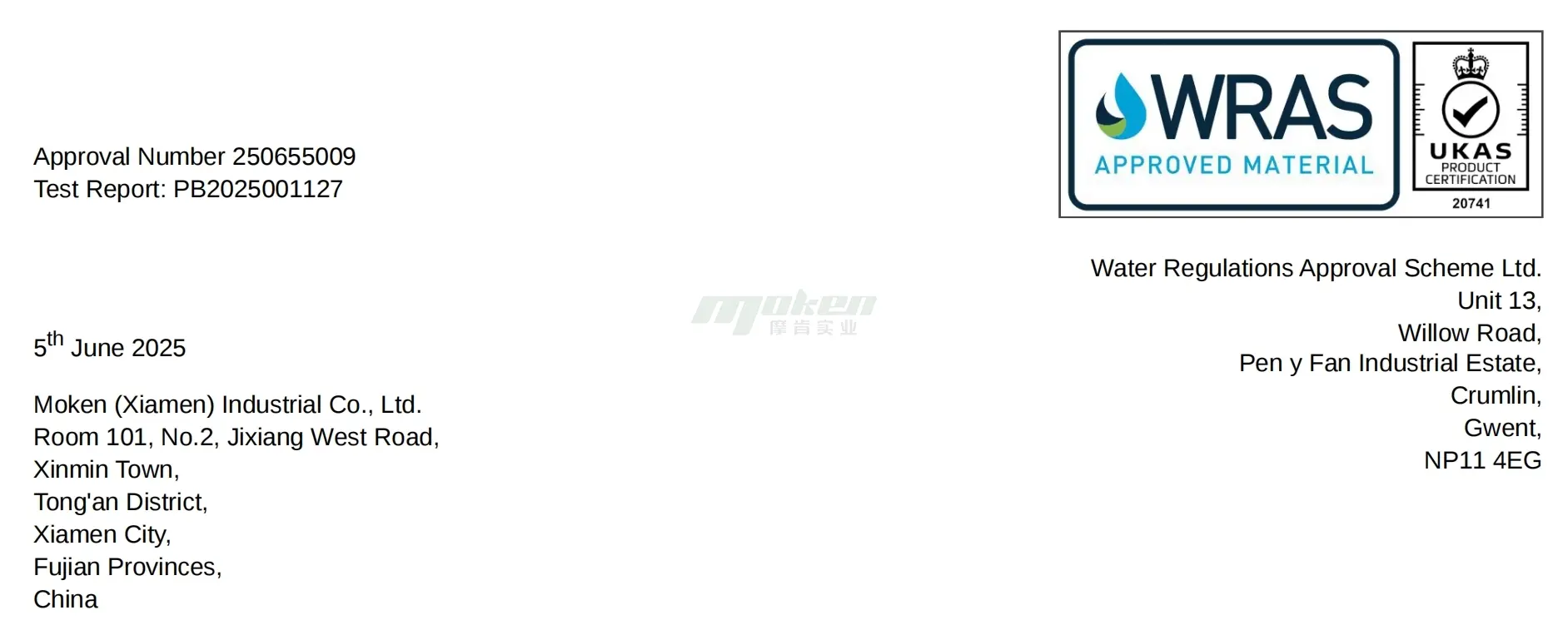 Mokeng (Xiamen) Industrial Co., Ltd. has obtained the WRAS certification.